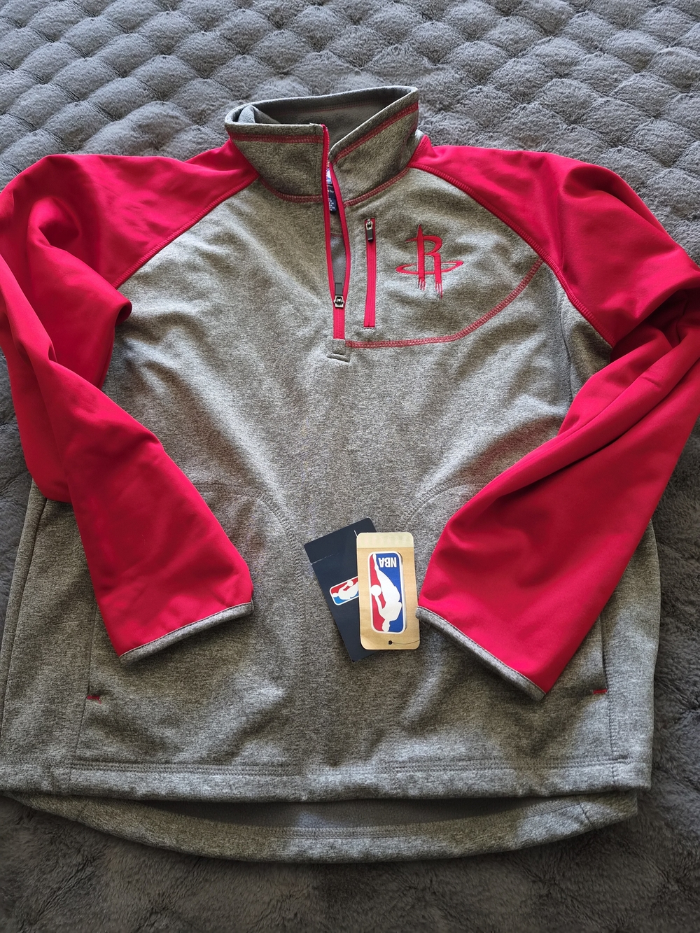 NBA Men's Gray and Red Zip-Up Pullover with Houston Rockets Logo